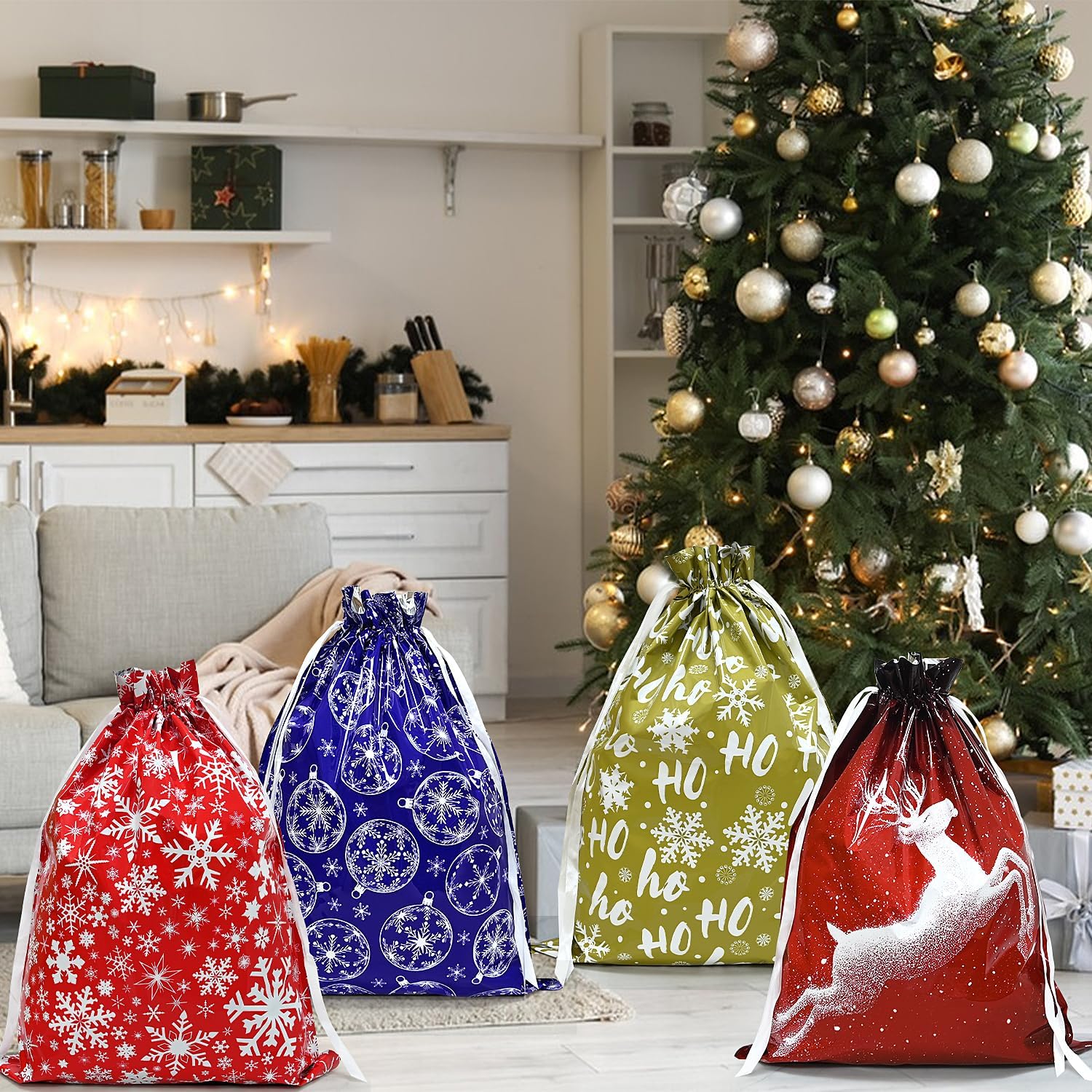 Christmas Bags,4PCS Large Size 43 * 58cm Xmas Gift Drawstring Bags,Christmas bag of different 4 styles for Party Decorations