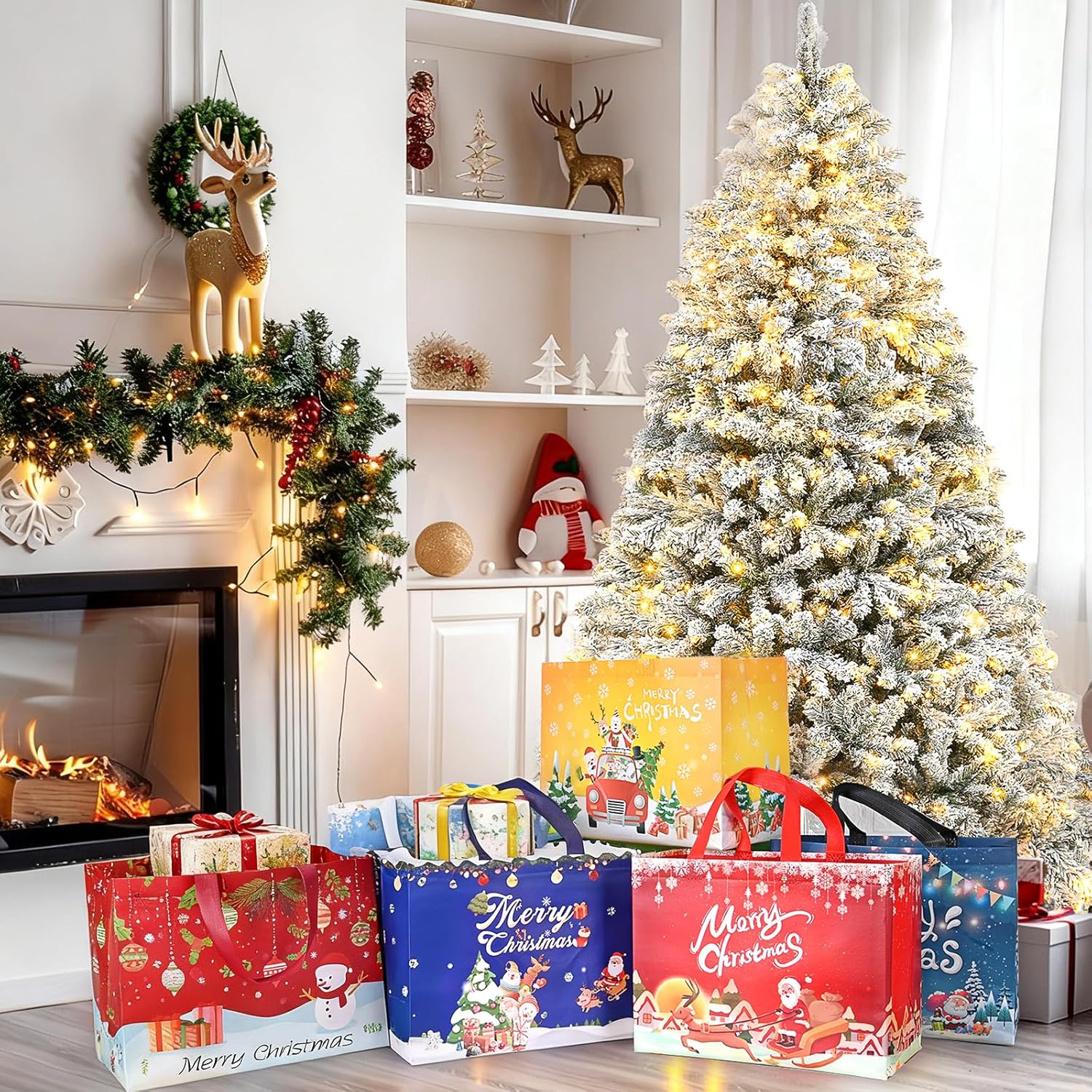 8 Pack Large Christmas Tote Bags – Reusable Non-Woven Holiday Gift Bags with Handles, 32.5x25x17cm | Xmas Party Favors, Presents & Festive Gift Wrapping