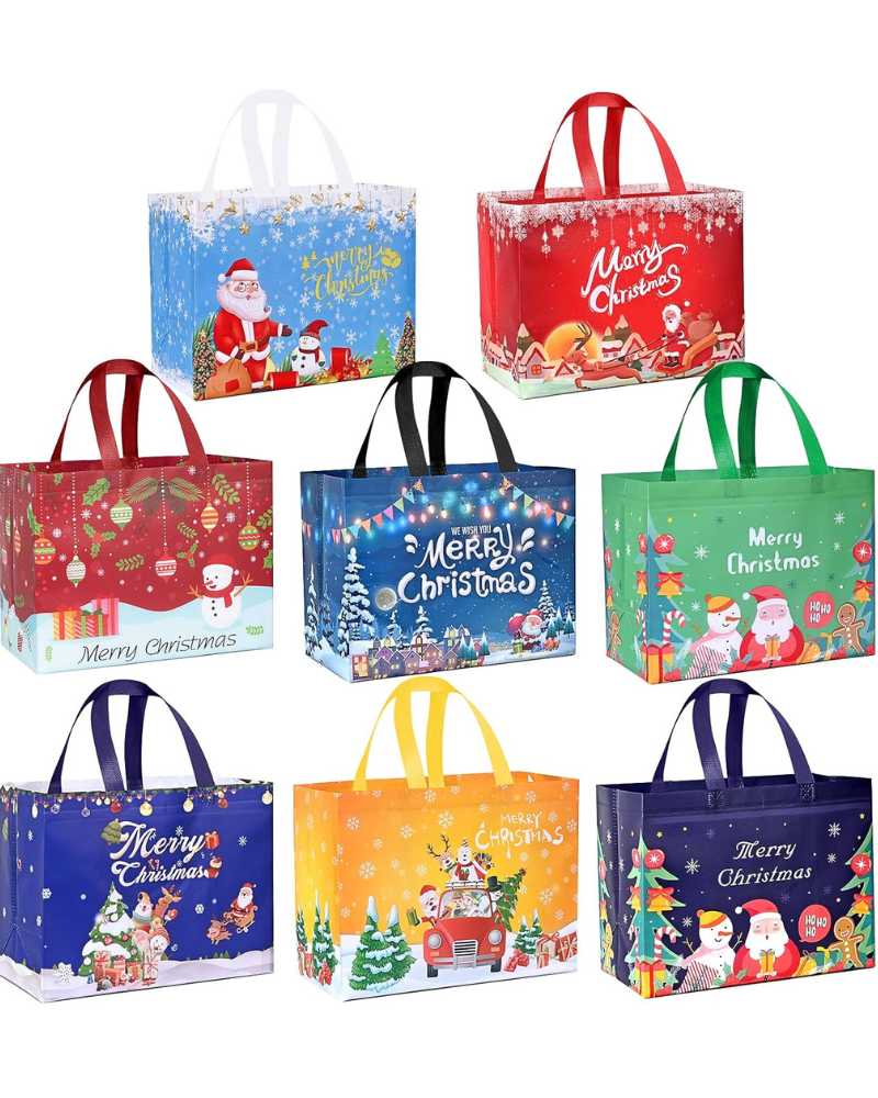8 Pack Large Christmas Tote Bags – Reusable Non-Woven Holiday Gift Bags with Handles, 32.5x25x17cm | Xmas Party Favors, Presents & Festive Gift Wrapping