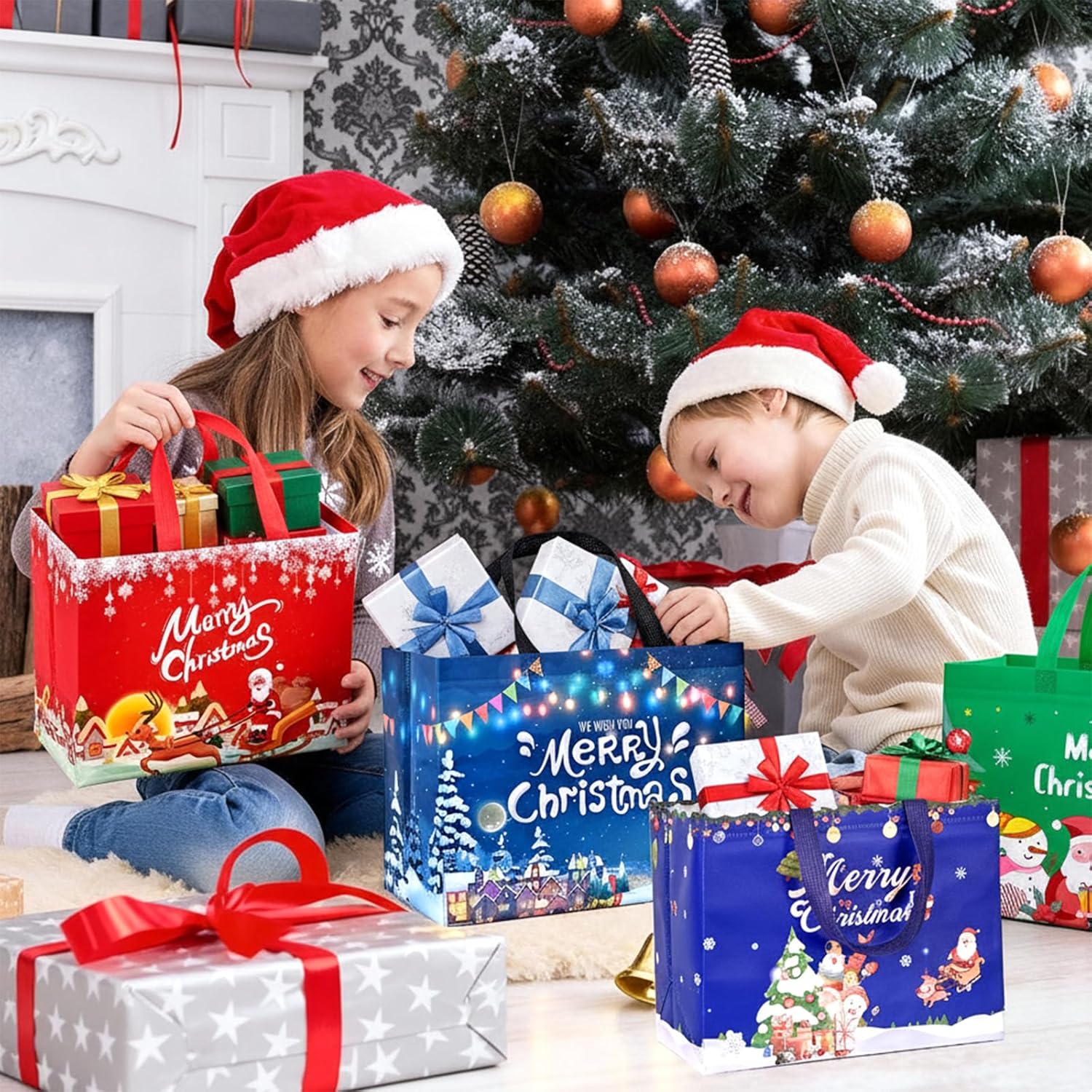 8 Pack Large Christmas Tote Bags – Reusable Non-Woven Holiday Gift Bags with Handles, 32.5x25x17cm | Xmas Party Favors, Presents & Festive Gift Wrapping