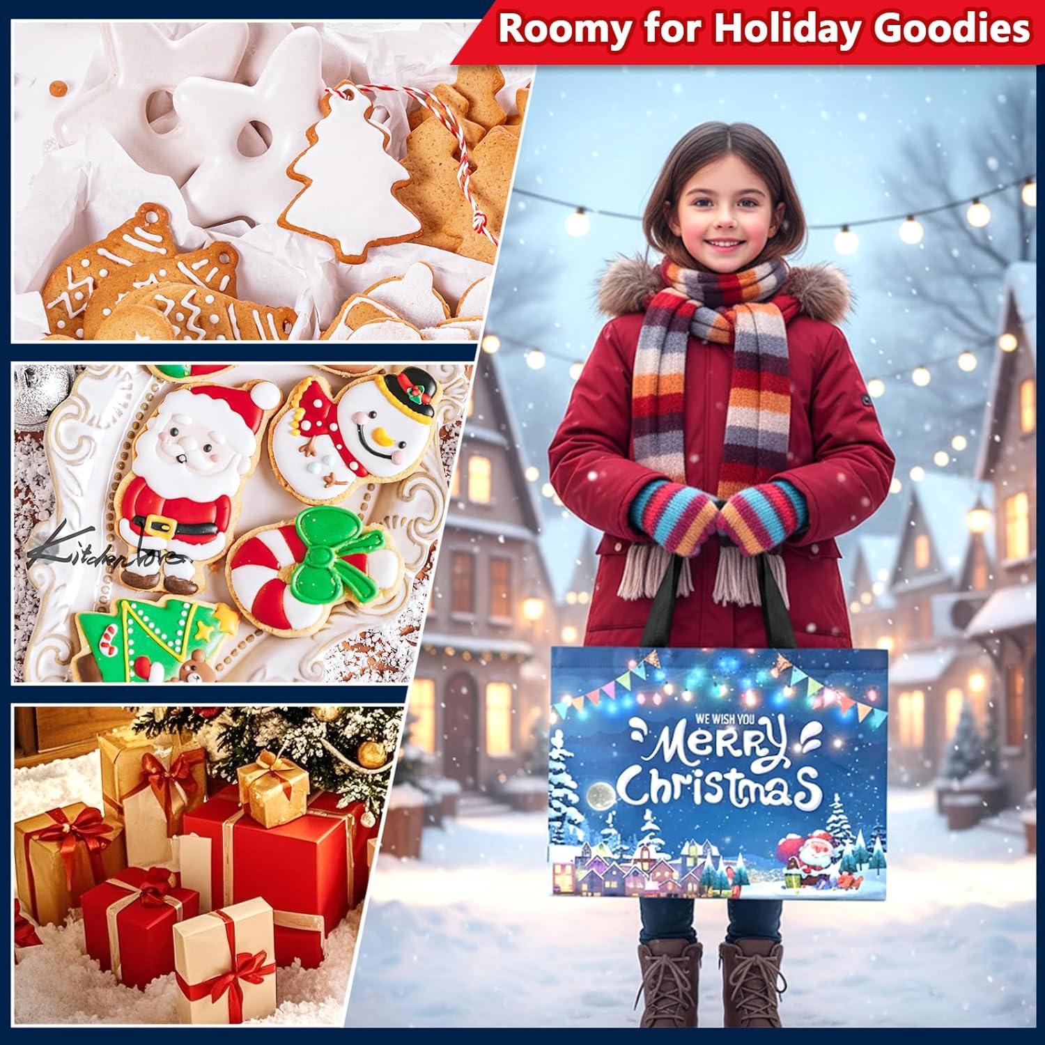 8 Pack Large Christmas Tote Bags – Reusable Non-Woven Holiday Gift Bags with Handles, 32.5x25x17cm | Xmas Party Favors, Presents & Festive Gift Wrapping