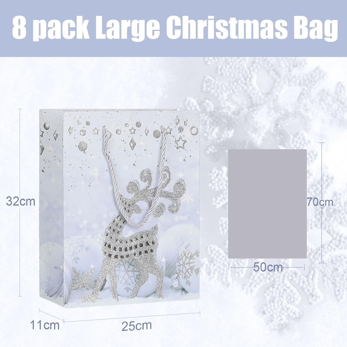 8 Pack Large Christmas Gift Bags with Tissue Paper – 12.6'' Reusable Xmas Paper Gift Bags, 4 Assorted Glitter Designs (Snowflake, Bell, Christmas Tree & Deer) – Premium Christmas Treat Bags for Presents & Holidays