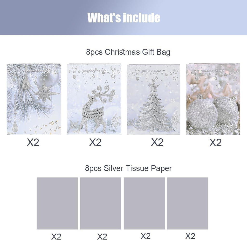 8 Pack Large Christmas Gift Bags with Tissue Paper – 12.6'' Reusable Xmas Paper Gift Bags, 4 Assorted Glitter Designs (Snowflake, Bell, Christmas Tree & Deer) – Premium Christmas Treat Bags for Presents & Holidays
