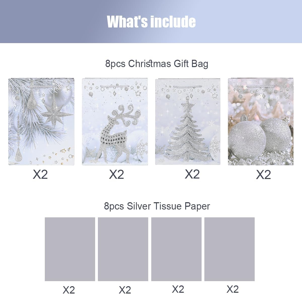 8 Pack Large Christmas Gift Bags with Tissue Paper – 12.6'' Reusable Xmas Paper Gift Bags, 4 Assorted Glitter Designs (Snowflake, Bell, Christmas Tree & Deer) – Premium Christmas Treat Bags for Presents & Holidays