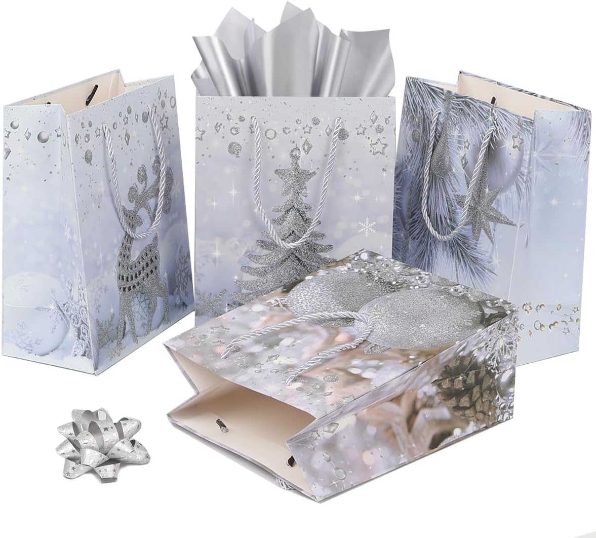 8 Pack Large Christmas Gift Bags with Tissue Paper – 12.6'' Reusable Xmas Paper Gift Bags, 4 Assorted Glitter Designs (Snowflake, Bell, Christmas Tree & Deer) – Premium Christmas Treat Bags for Presents & Holidays