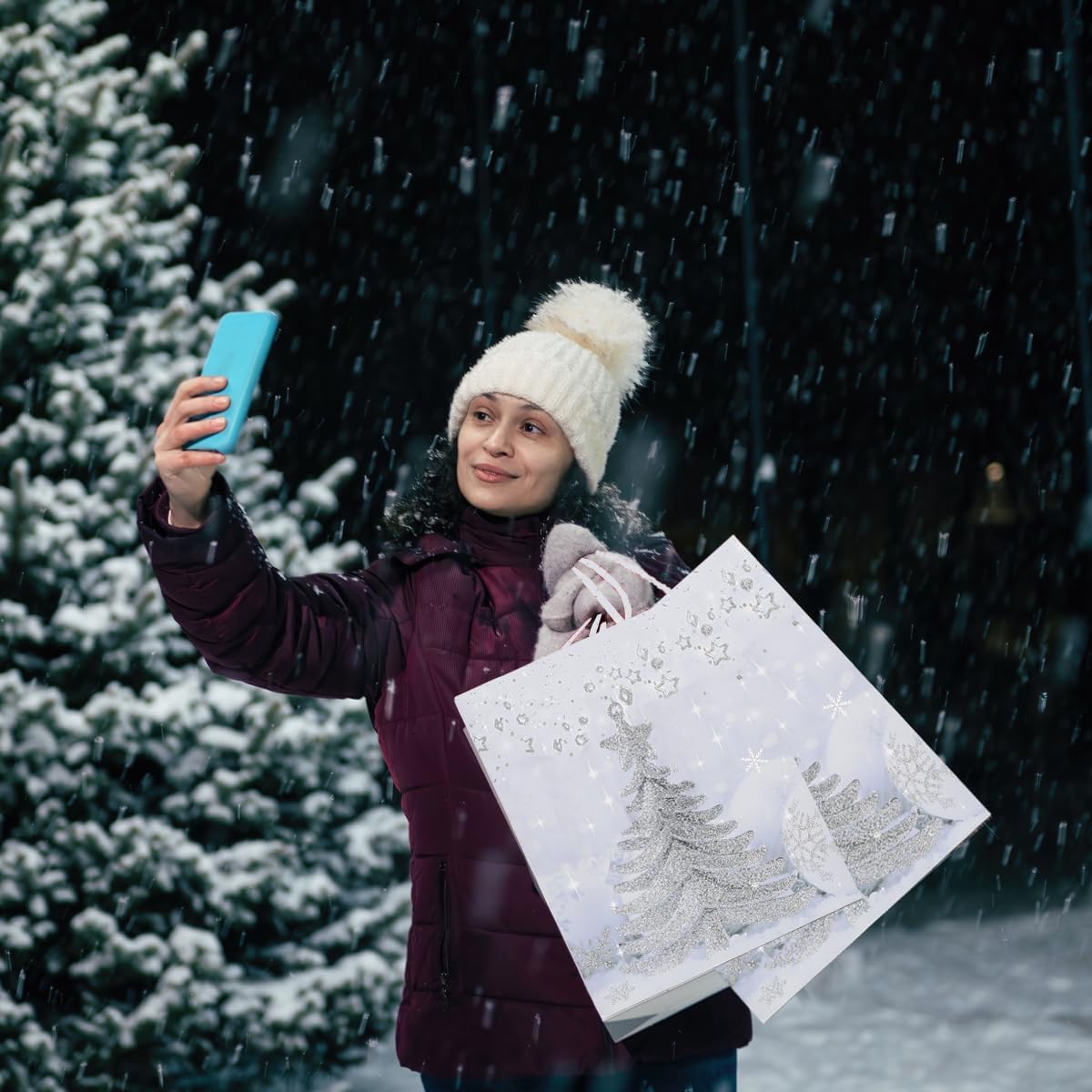 8 Pack Large Christmas Gift Bags with Tissue Paper – 12.6'' Reusable Xmas Paper Gift Bags, 4 Assorted Glitter Designs (Snowflake, Bell, Christmas Tree & Deer) – Premium Christmas Treat Bags for Presents & Holidays