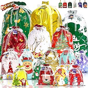 Christmas Drawstring Gift Bags, 32Pcs Xmas Wrapping Bags Large Medium Small for Presents with 32Pcs Tags for Birthday Holiday Party