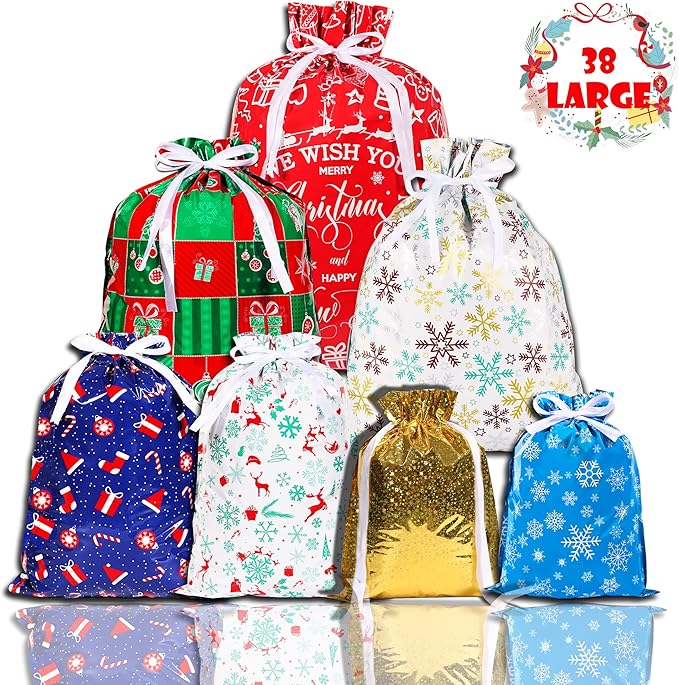38PCS Christmas Drawstring Gift Bags,CASPLUS 7 Design Xmas Wrapping Bags, for Presents, Gift and Christmas Party