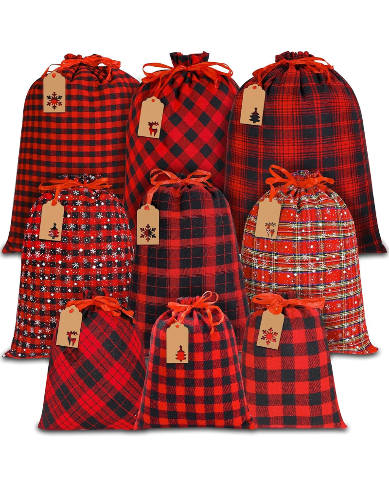 9 Pack Christmas Drawstring Gift Bags – Reusable Buffalo Plaid Fabric Wrapping Bags in 3 Sizes with Kraft Tags | Cotton & Linen Xmas Sacks for Holiday Presents, Party Supplies & Home Decorations