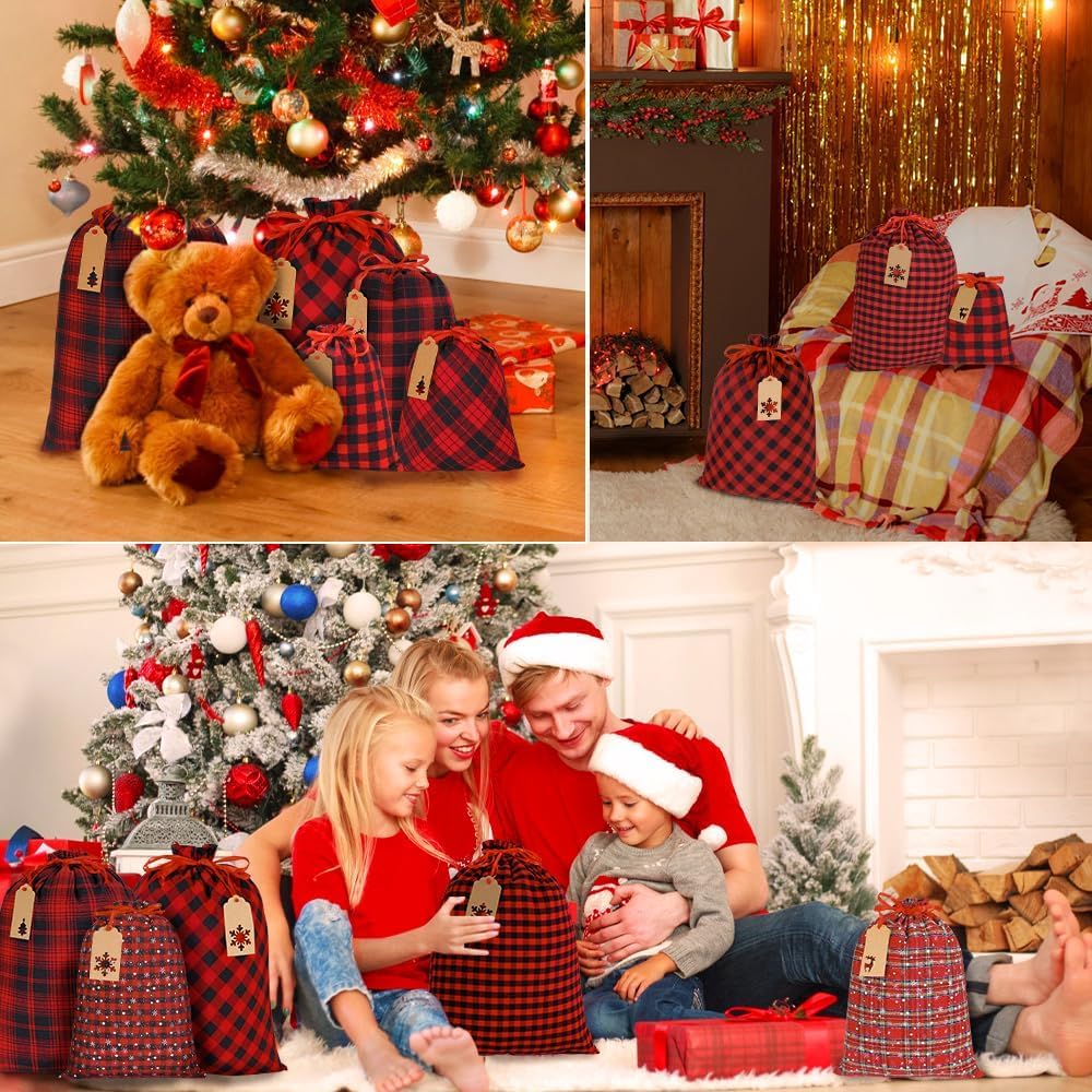 9 Pack Christmas Drawstring Gift Bags – Reusable Buffalo Plaid Fabric Wrapping Bags in 3 Sizes with Kraft Tags | Cotton & Linen Xmas Sacks for Holiday Presents, Party Supplies & Home Decorations