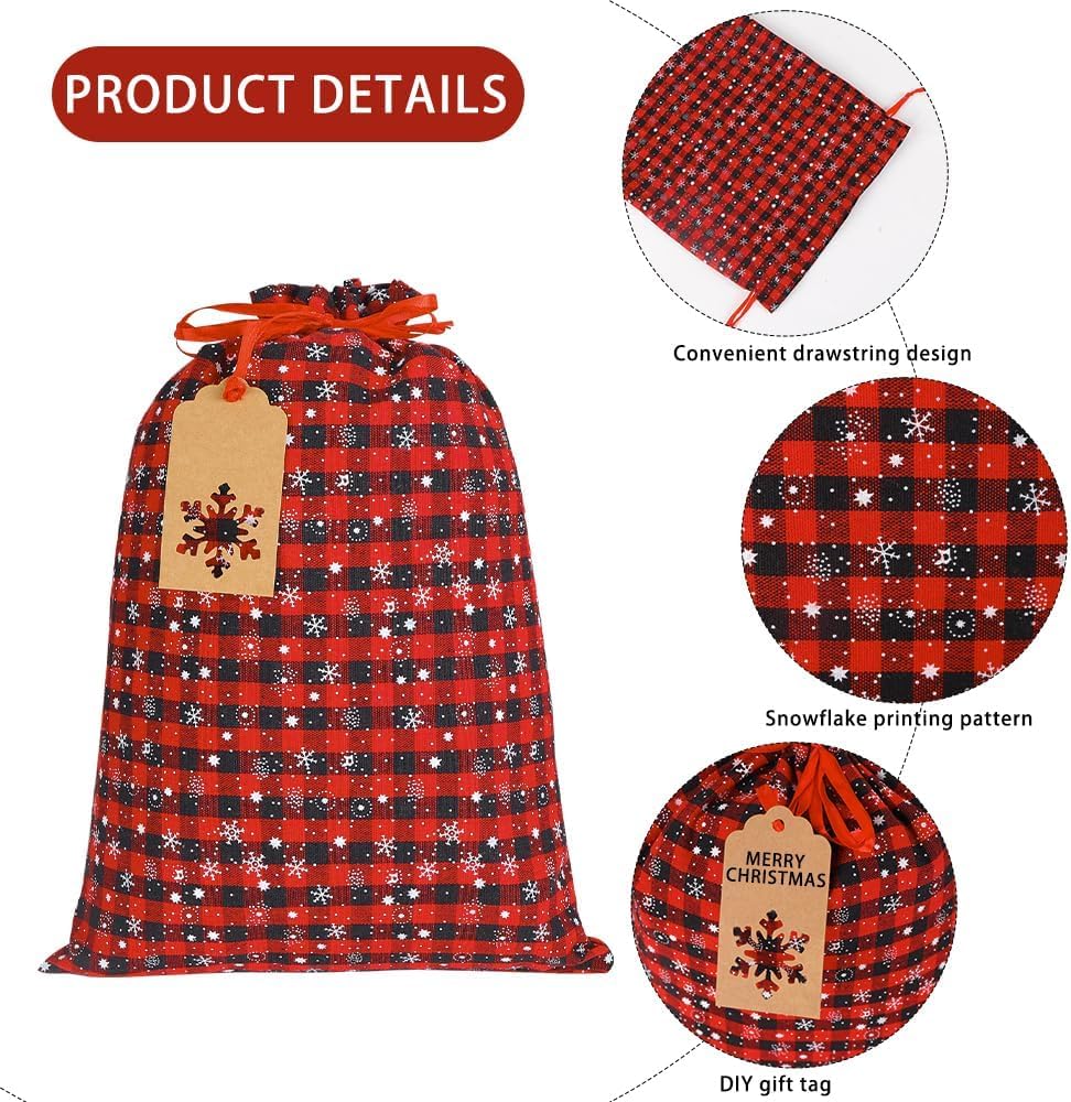 9 Pack Christmas Drawstring Gift Bags – Reusable Buffalo Plaid Fabric Wrapping Bags in 3 Sizes with Kraft Tags | Cotton & Linen Xmas Sacks for Holiday Presents, Party Supplies & Home Decorations