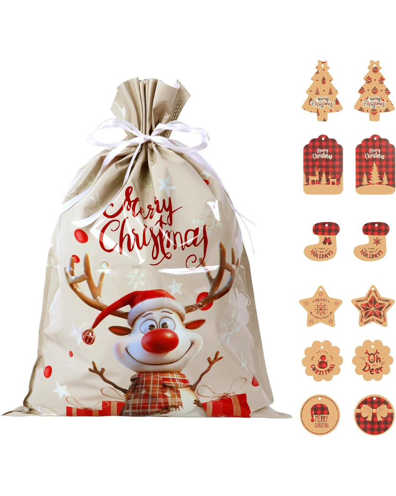 43 * 58cm Extra Large Christmas Drawstring Gift Bags with 24pcs Xmas Tags,6 pcs Christmas Wrapping Bags for Gift Presents Party Favor (White6)