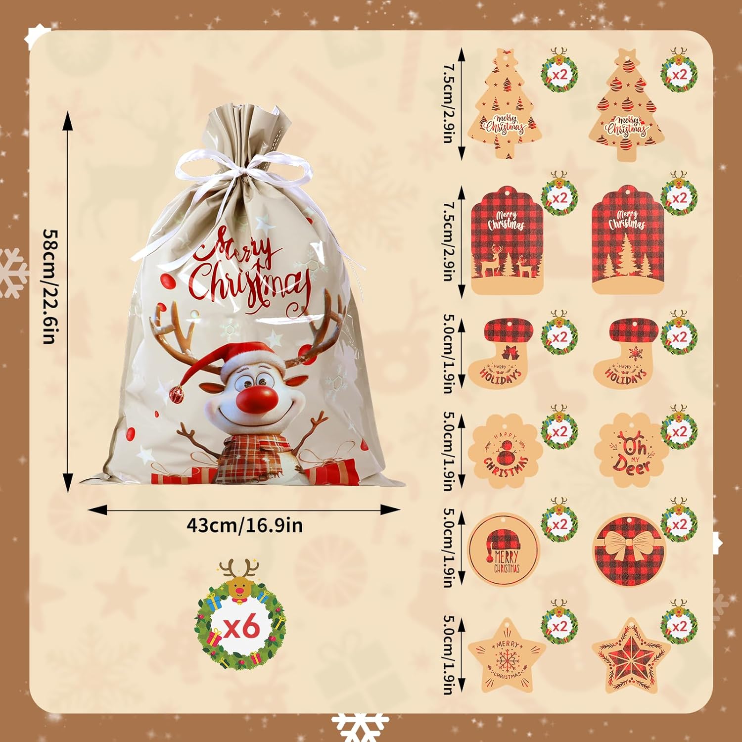 Christmas Drawstring Gift Bags, 38 Pcs Xmas Wrapping Bags Large Medium Small Christmas Bag for Holiday Presents