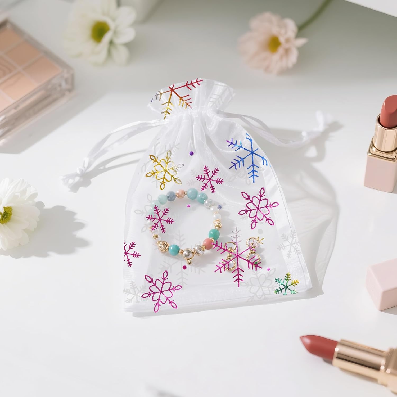 50 PCS Colorful Christmas Organza Bags, 10x15 cm Snowflake Favour Pouches for Presents, Reindeer Food, Advent Calendars and Xmas Gifts