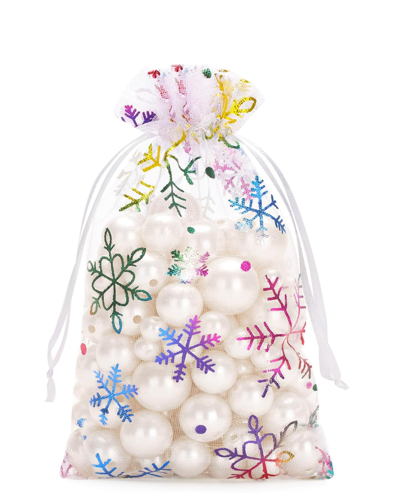 50 PCS Colorful Christmas Organza Bags, 10x15 cm Snowflake Favour Pouches for Presents, Reindeer Food, Advent Calendars and Xmas Gifts