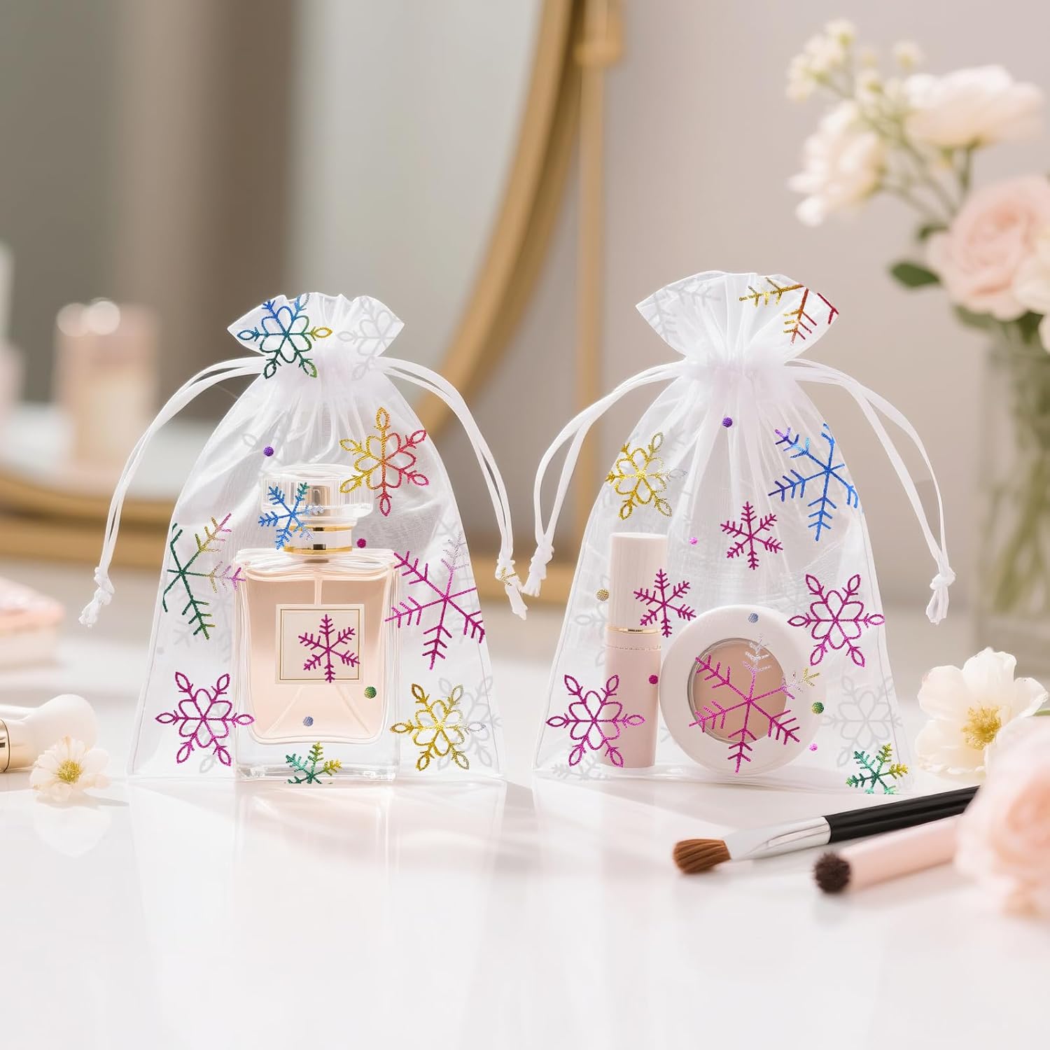 50 PCS Colorful Christmas Organza Bags, 10x15 cm Snowflake Favour Pouches for Presents, Reindeer Food, Advent Calendars and Xmas Gifts