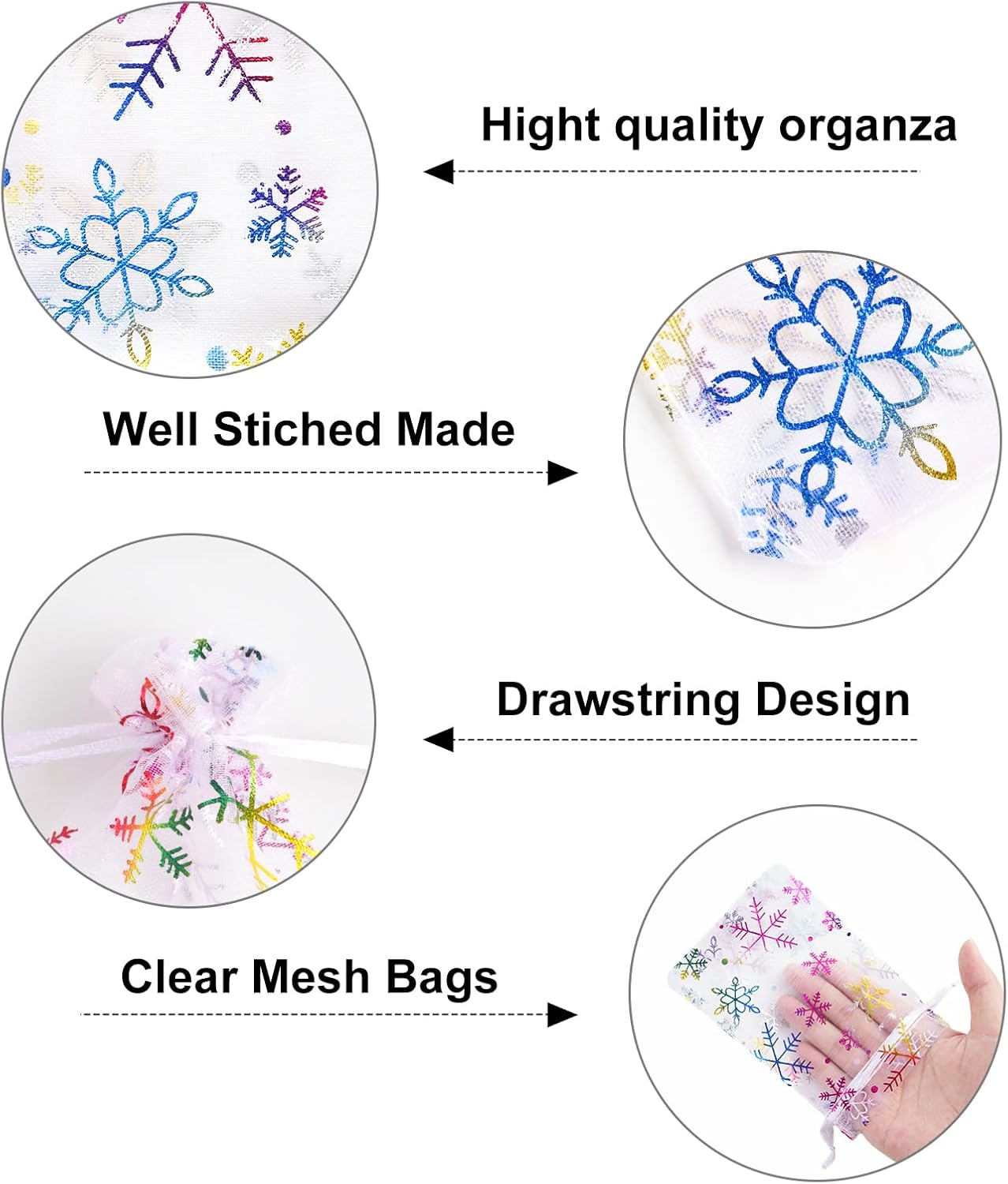 50 PCS Colorful Christmas Organza Bags, 10x15 cm Snowflake Favour Pouches for Presents, Reindeer Food, Advent Calendars and Xmas Gifts