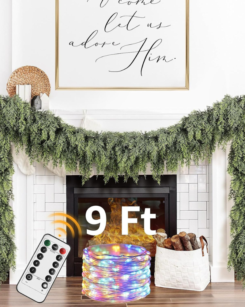 Cedar Christmas Garland with Lights for Mantle - 9ft Realistic Lighted Faux Pine Garland for Xmas Home Decoration Indoor Stairs Railing Fireplace Outdoor