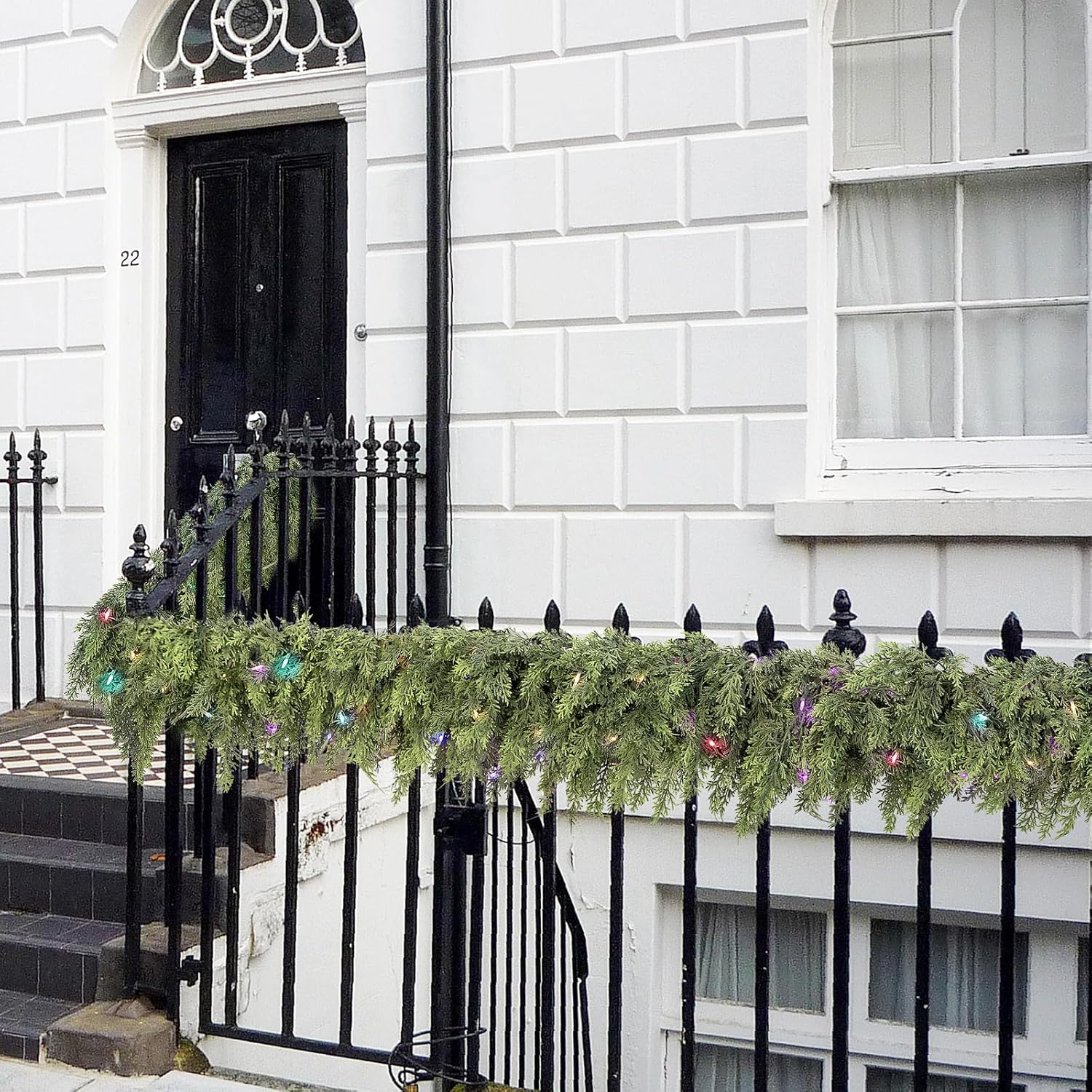 Cedar Christmas Garland with Lights for Mantle - 9ft Realistic Lighted Faux Pine Garland for Xmas Home Decoration Indoor Stairs Railing Fireplace Outdoor