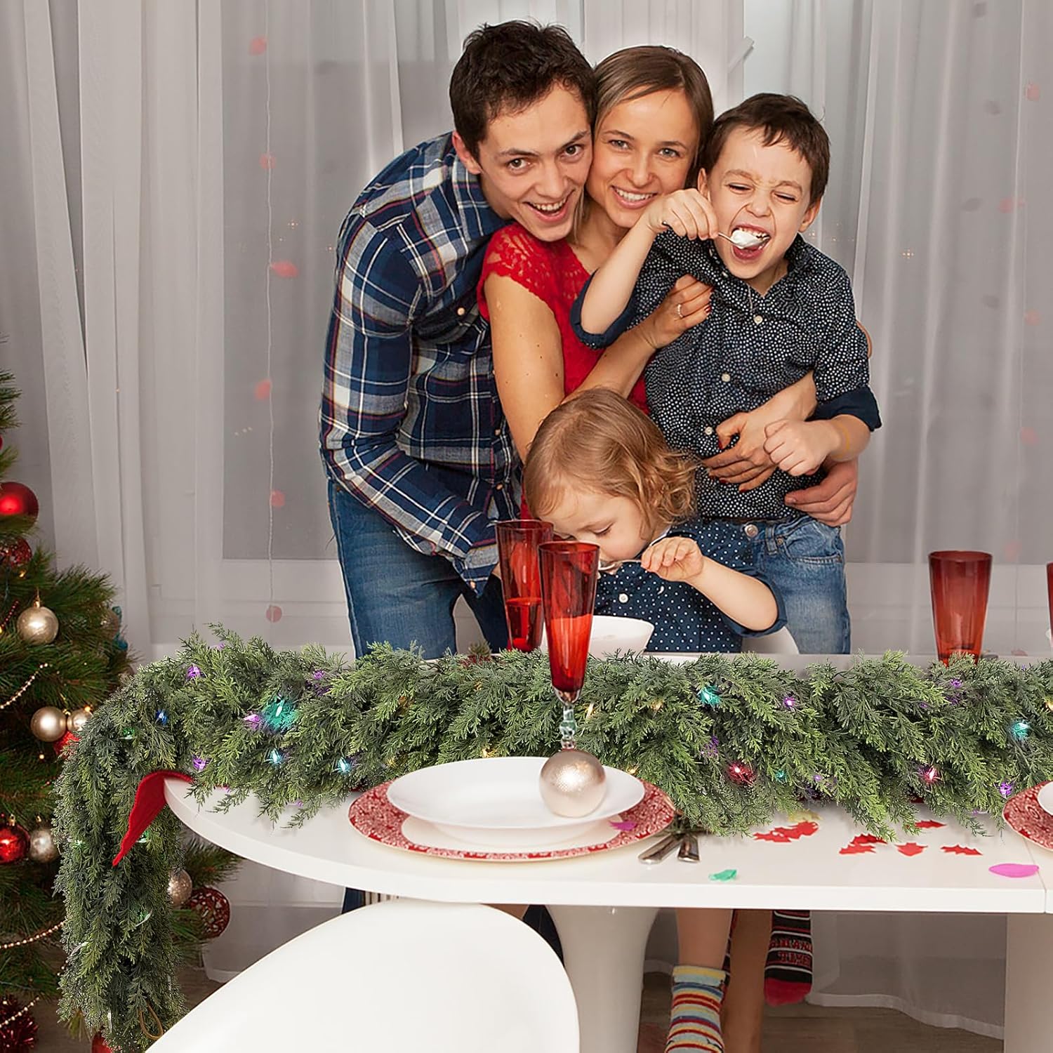 Cedar Christmas Garland with Lights for Mantle - 9ft Realistic Lighted Faux Pine Garland for Xmas Home Decoration Indoor Stairs Railing Fireplace Outdoor