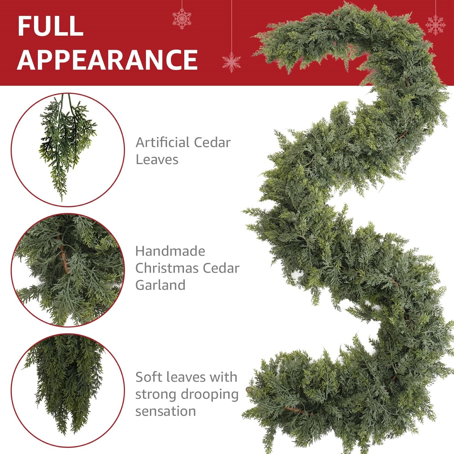 Cedar Christmas Garland with Lights for Mantle - 9ft Realistic Lighted Faux Pine Garland for Xmas Home Decoration Indoor Stairs Railing Fireplace Outdoor