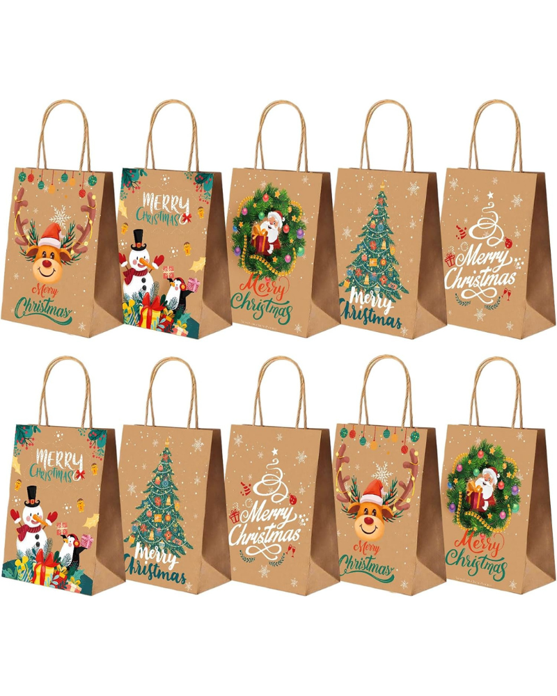 Christmas Bags Gift Small, 10 Pcs Xmas Bag for Presents, 5 Style Kraft Paper Gift Bags with Handles, Perfect for Christmas Party Favor Supplies(21 x 15 x 8 cm)