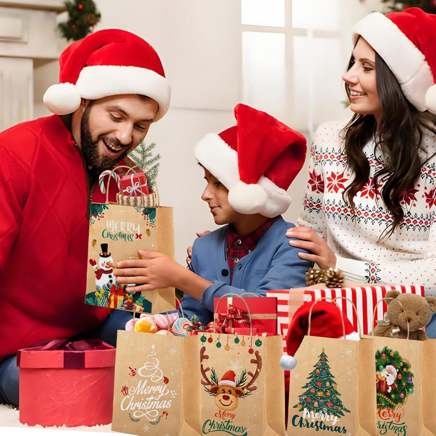 Christmas Bags Gift Small, 10 Pcs Xmas Bag for Presents, 5 Style Kraft Paper Gift Bags with Handles, Perfect for Christmas Party Favor Supplies(21 x 15 x 8 cm)