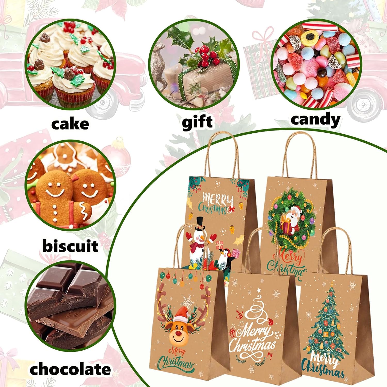 Christmas Bags Gift Small, 10 Pcs Xmas Bag for Presents, 5 Style Kraft Paper Gift Bags with Handles, Perfect for Christmas Party Favor Supplies(21 x 15 x 8 cm)