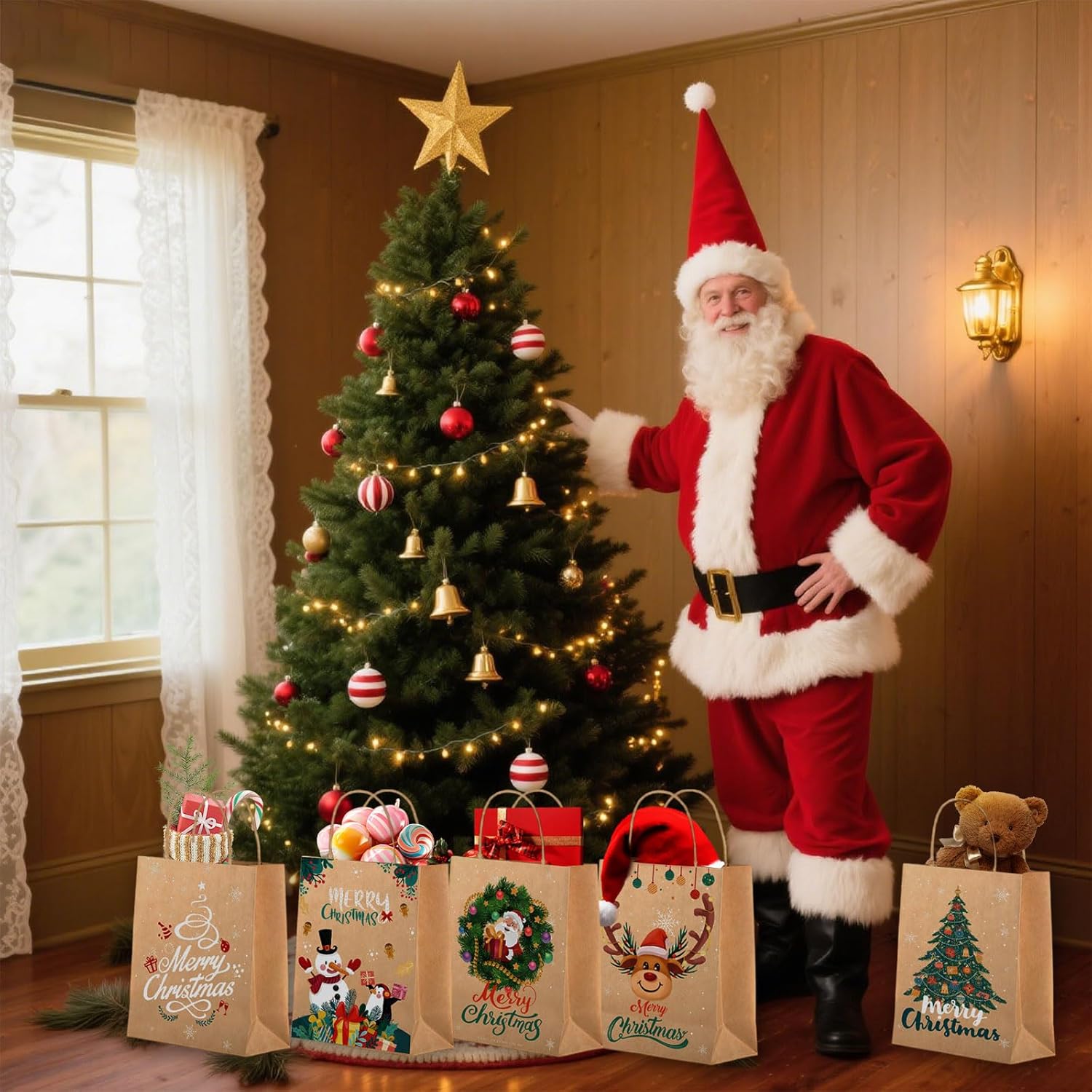 Christmas Bags Gift Small, 10 Pcs Xmas Bag for Presents, 5 Style Kraft Paper Gift Bags with Handles, Perfect for Christmas Party Favor Supplies(21 x 15 x 8 cm)