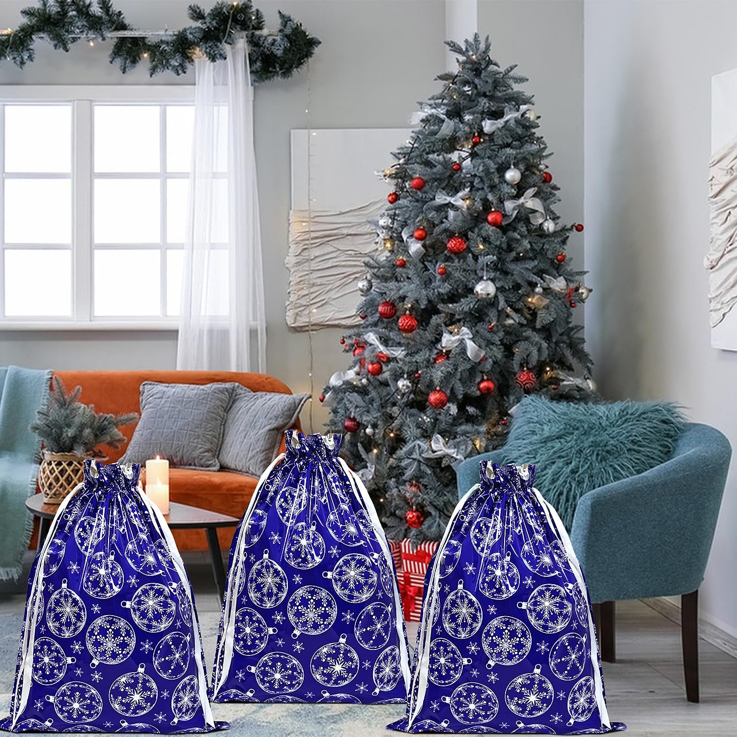 Christmas Bags,4PCS Large Size 43 * 58cm Xmas Gift Drawstring Bags,Blue Christmas Bag with Snow Globe Decorations for Party
