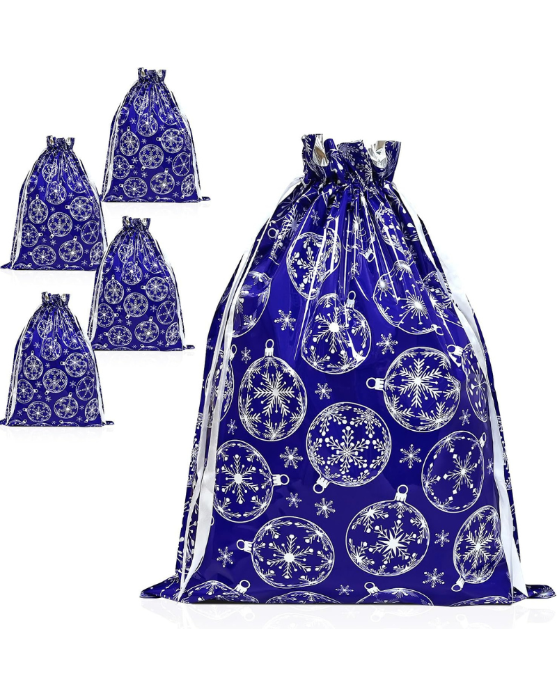 Christmas Bags,4PCS Large Size 43 * 58cm Xmas Gift Drawstring Bags,Blue Christmas Bag with Snow Globe Decorations for Party