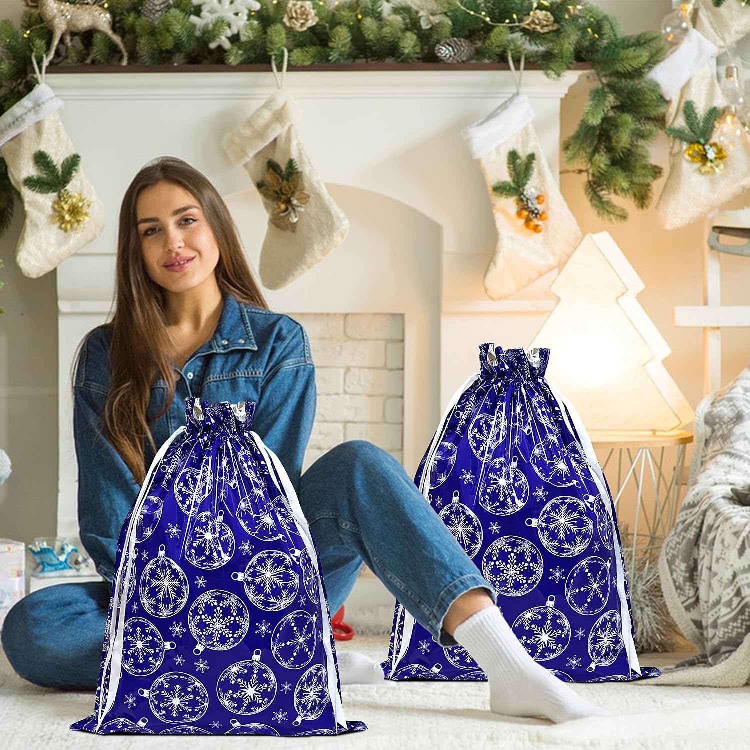 Christmas Bags,4PCS Large Size 43 * 58cm Xmas Gift Drawstring Bags,Blue Christmas Bag with Snow Globe Decorations for Party