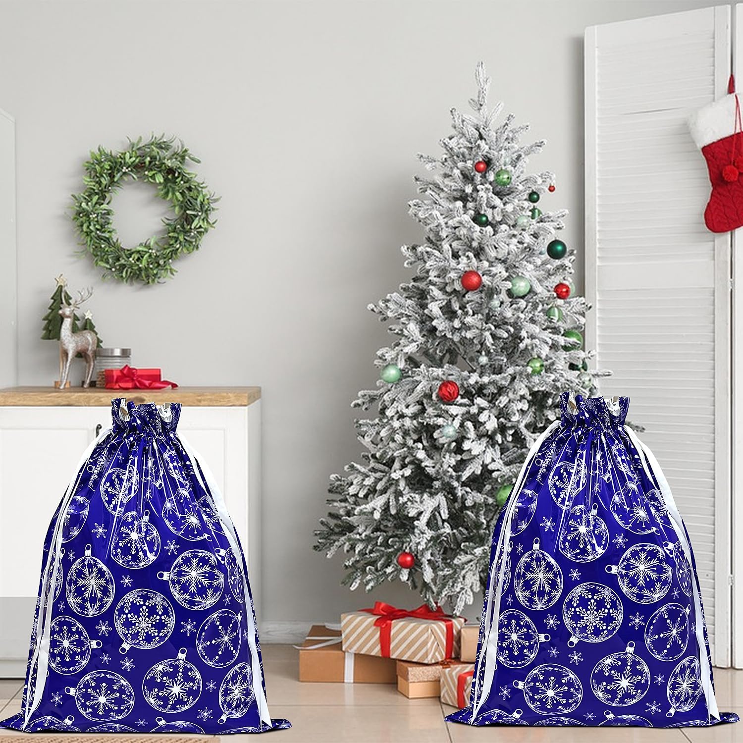 Christmas Bags,4PCS Large Size 43 * 58cm Xmas Gift Drawstring Bags,Blue Christmas Bag with Snow Globe Decorations for Party
