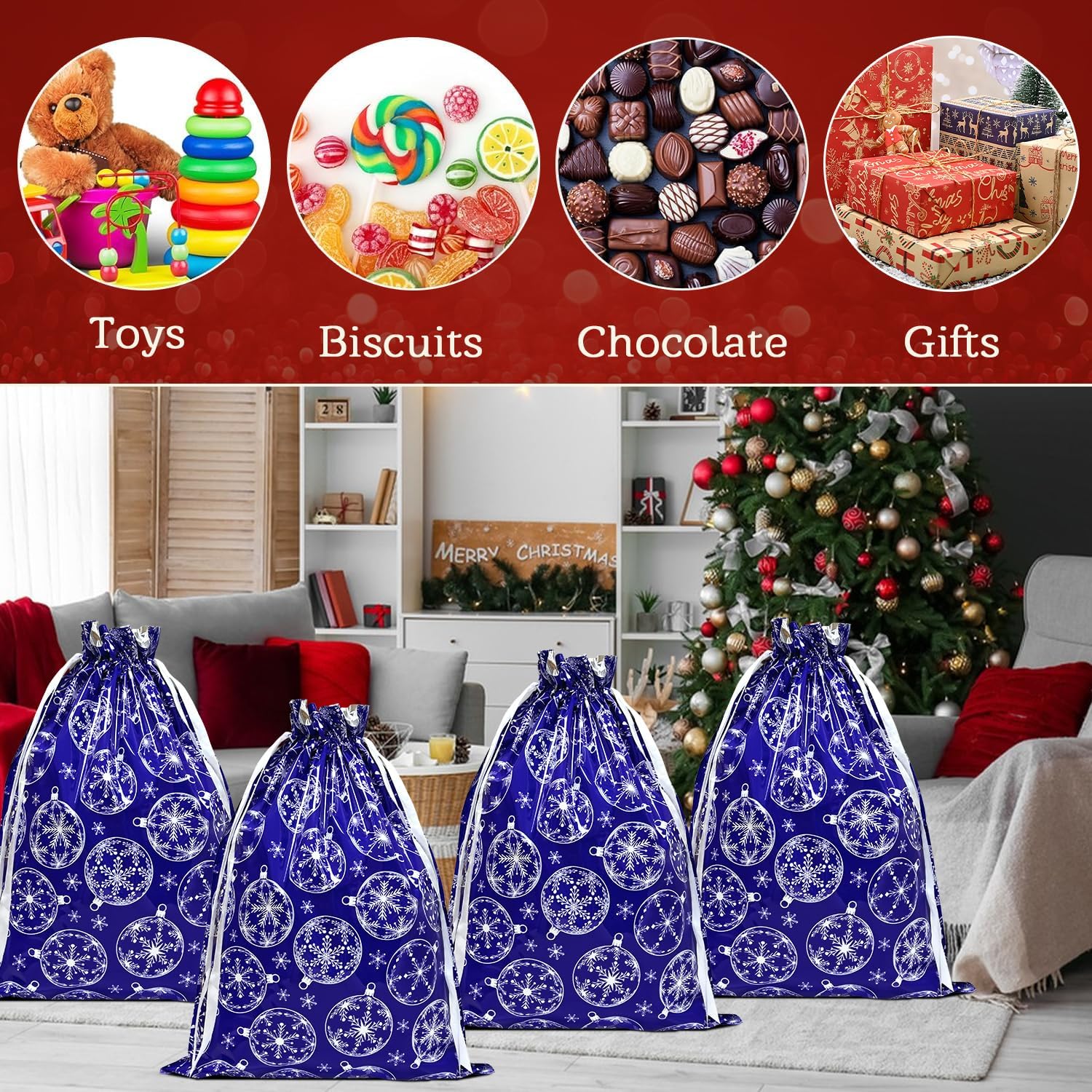 Christmas Bags,4PCS Large Size 43 * 58cm Xmas Gift Drawstring Bags,Blue Christmas Bag with Snow Globe Decorations for Party