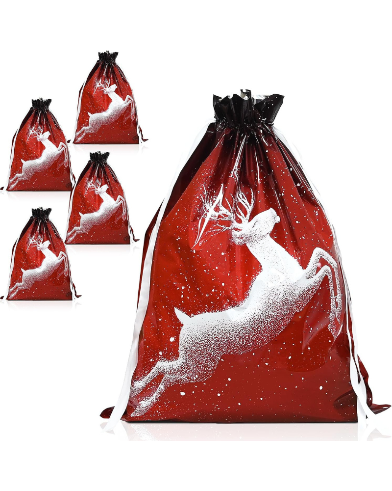 Christmas Bags,4PCS Large Size 43 * 58cm Xmas Gift Drawstring Bags,Red Christmas Bag with White Shine Deer Decorations for Party