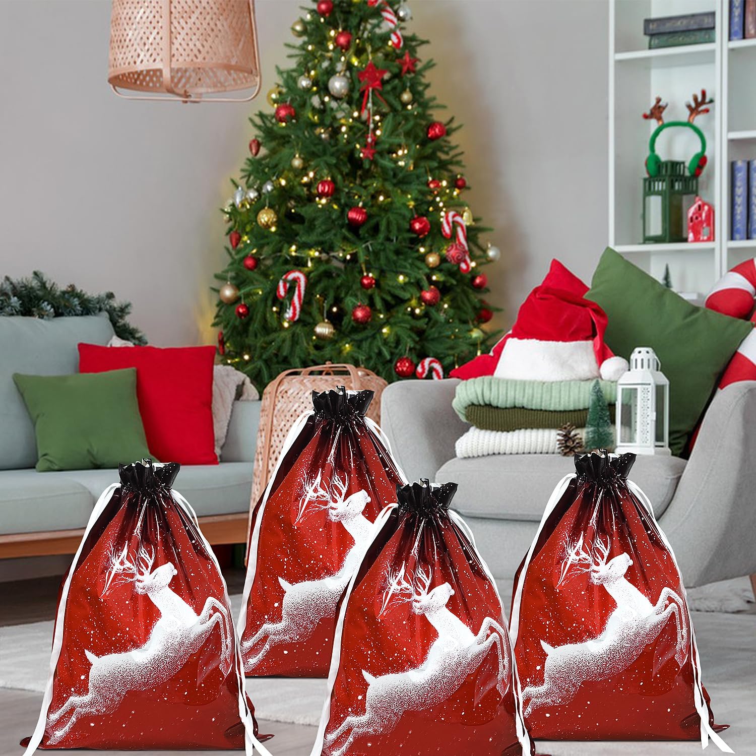 Christmas Bags,4PCS Large Size 43 * 58cm Xmas Gift Drawstring Bags,Red Christmas Bag with White Shine Deer Decorations for Party