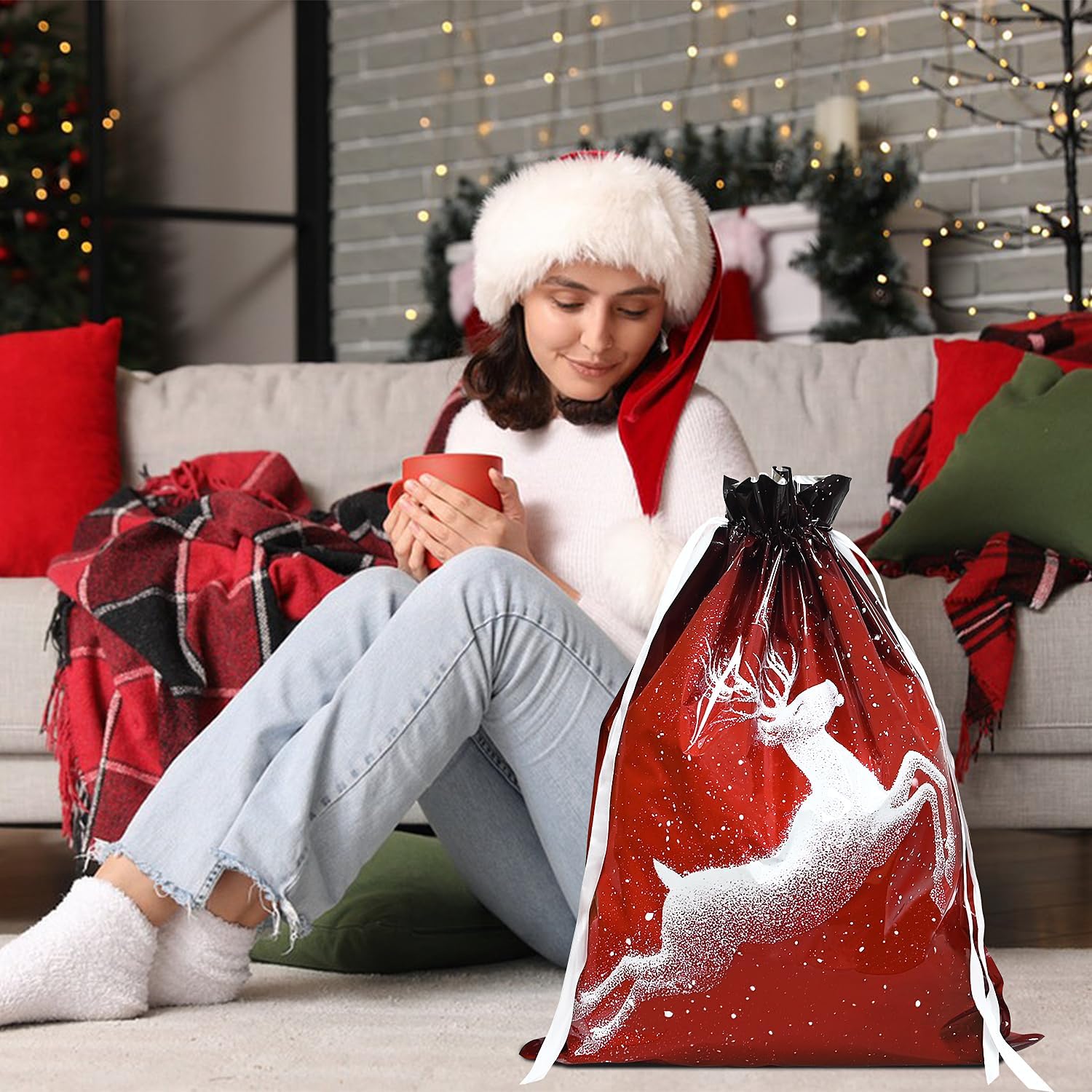 Christmas Bags,4PCS Large Size 43 * 58cm Xmas Gift Drawstring Bags,Red Christmas Bag with White Shine Deer Decorations for Party