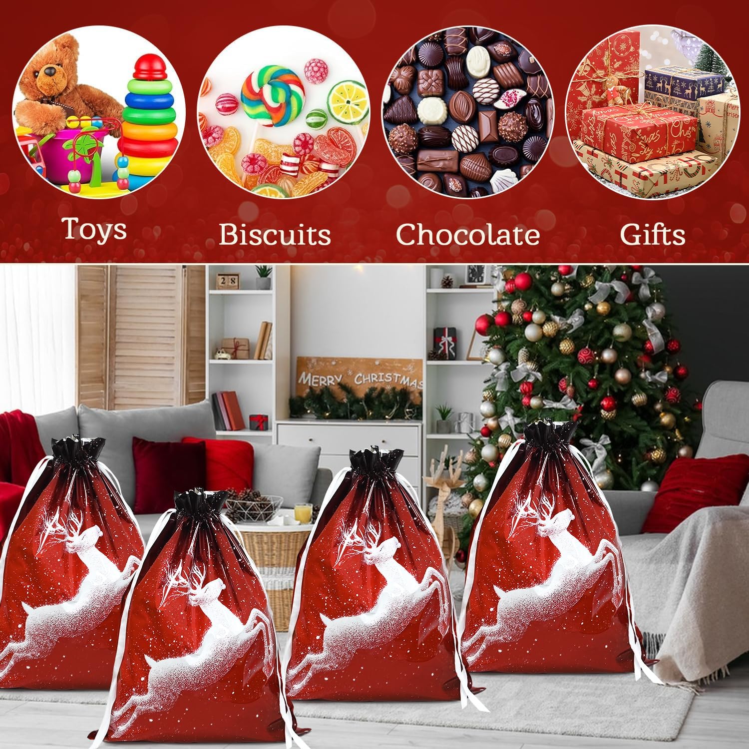 Christmas Bags,4PCS Large Size 43 * 58cm Xmas Gift Drawstring Bags,Red Christmas Bag with White Shine Deer Decorations for Party