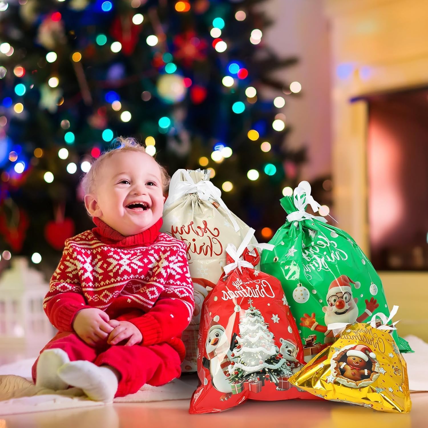 Christmas Drawstring Gift Bags, 24pcs Large Xmas Wrapping Bags for Gifts,Christmas Bag for Presents Party Favor