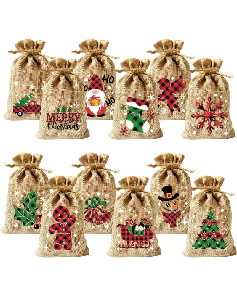 Christmas Hessian Bags, 12 Xmas Burlap Jute Gift Bag with Drawstring for Christmas Party Advent Calendar Decoration