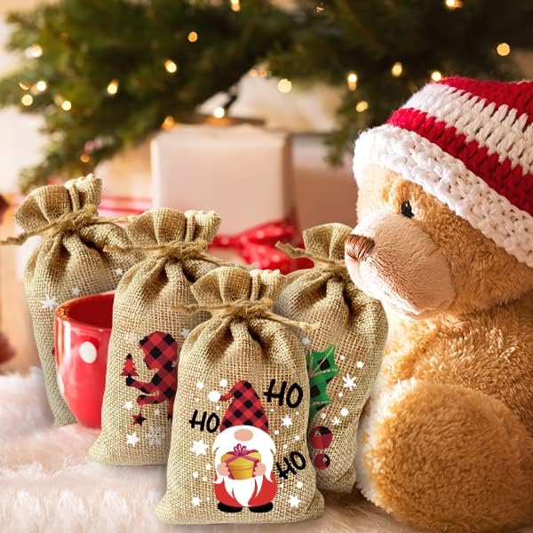Christmas Hessian Bags, 12 Xmas Burlap Jute Gift Bag with Drawstring for Christmas Party Advent Calendar Decoration
