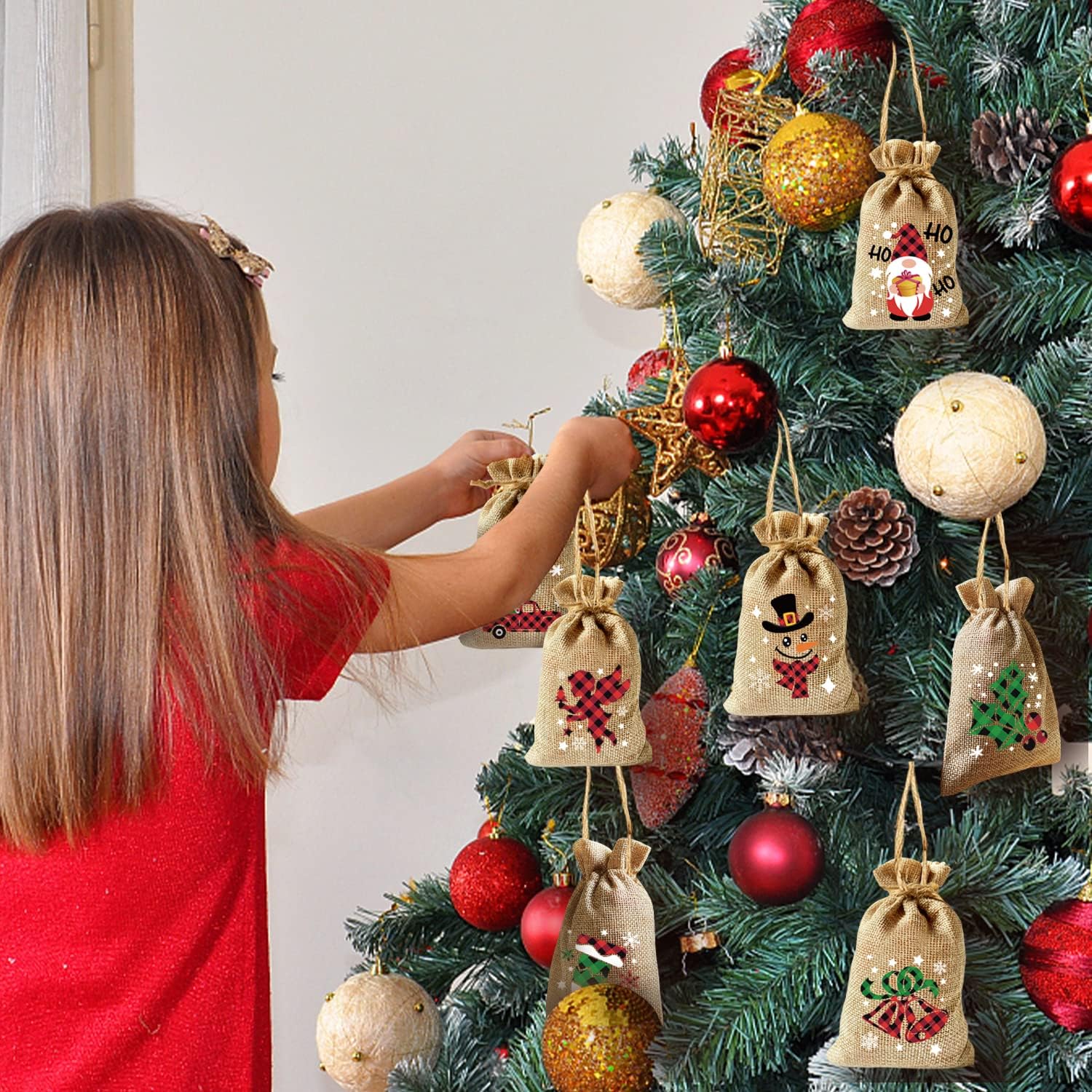 Christmas Hessian Bags, 12 Xmas Burlap Jute Gift Bag with Drawstring for Christmas Party Advent Calendar Decoration