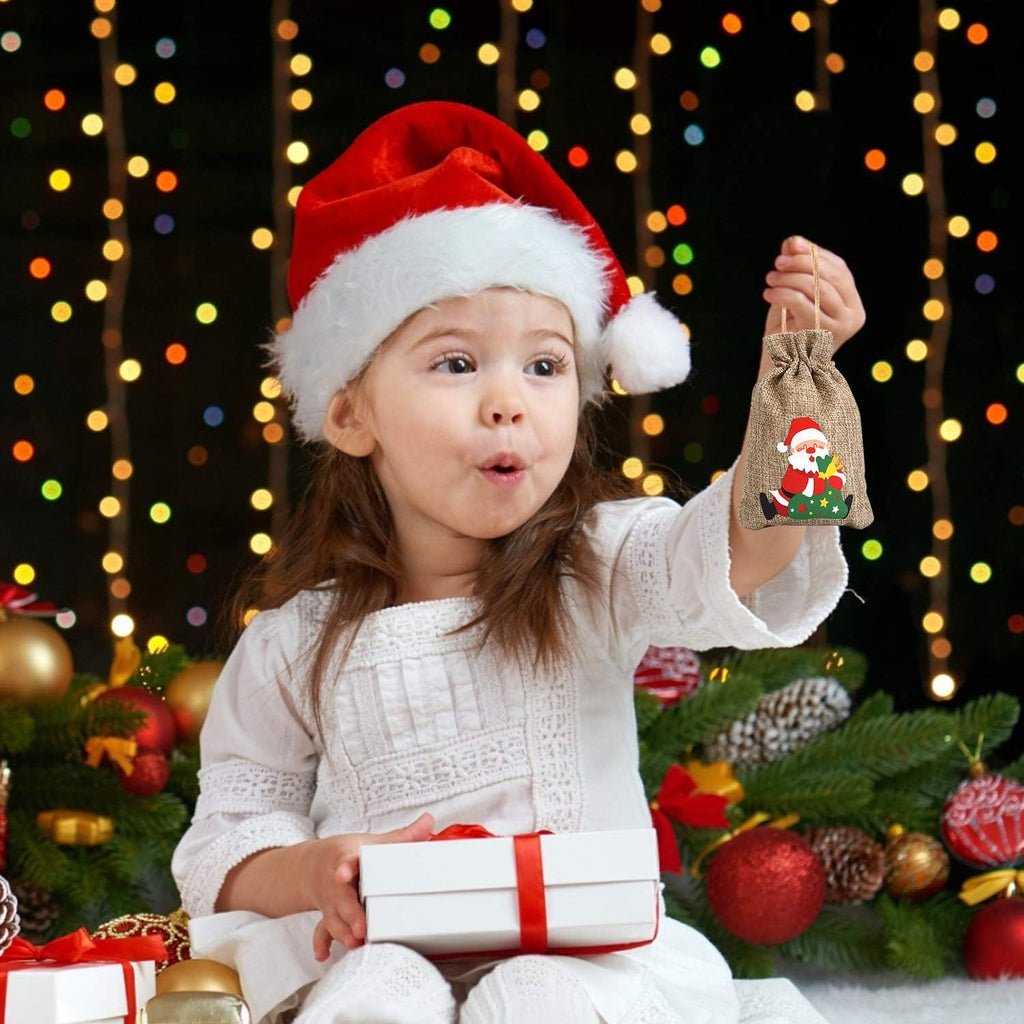 Christmas Hessian Bags, 12 Xmas Burlap Jute Gift Bag with Drawstring for Holiday Party Decoration