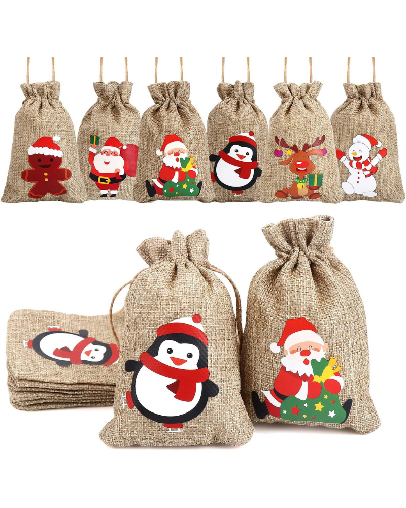 Christmas Hessian Bags, 12 Xmas Burlap Jute Gift Bag with Drawstring for Holiday Party Decoration