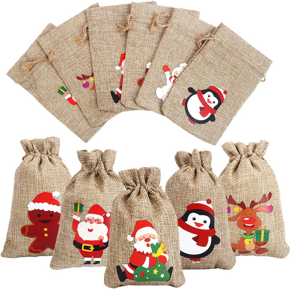 Christmas Hessian Bags, 12 Xmas Burlap Jute Gift Bag with Drawstring for Holiday Party Decoration
