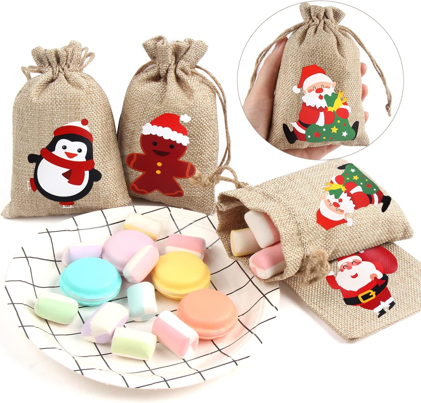 Christmas Hessian Bags, 12 Xmas Burlap Jute Gift Bag with Drawstring for Holiday Party Decoration