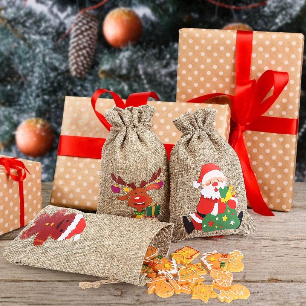 Christmas Hessian Bags, 12 Xmas Burlap Jute Gift Bag with Drawstring for Holiday Party Decoration