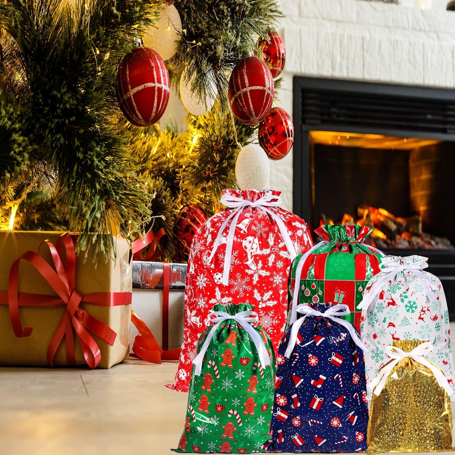 13 Pack Christmas Drawstring Gift Bags – 6 Festive Patterns, 4 Sizes Reusable Xmas Wrapping Bags for Presents, Candy, Birthday & Holiday Party