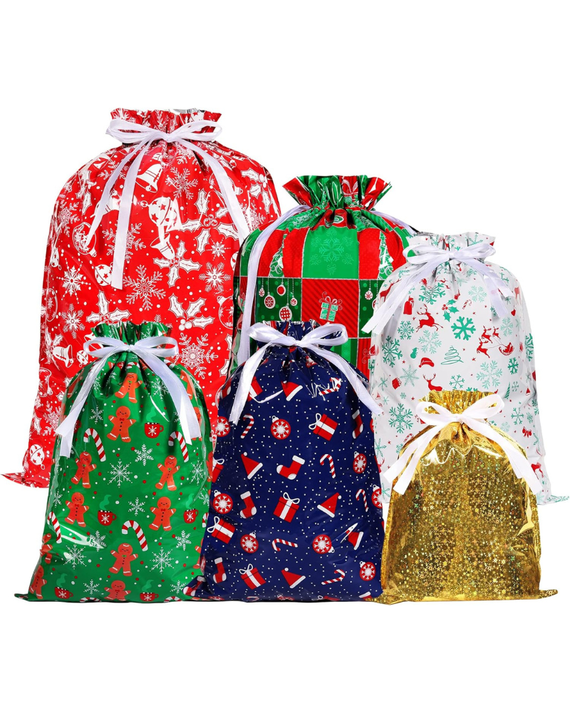 13 Pack Christmas Drawstring Gift Bags – 6 Festive Patterns, 4 Sizes Reusable Xmas Wrapping Bags for Presents, Candy, Birthday & Holiday Party