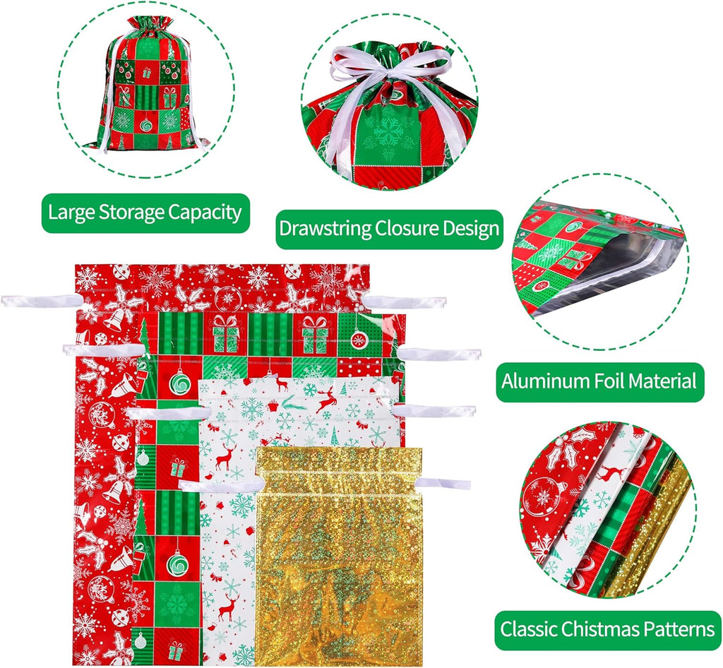 13 Pack Christmas Drawstring Gift Bags – 6 Festive Patterns, 4 Sizes Reusable Xmas Wrapping Bags for Presents, Candy, Birthday & Holiday Party